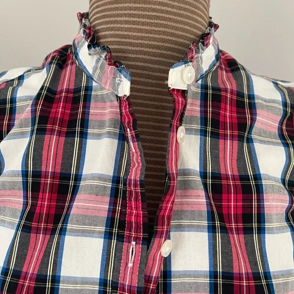 J.Crew Red Tartan Poplin Plaid Ruffle Neck Button-down Shirt size S EUC - Picture 2 of 6